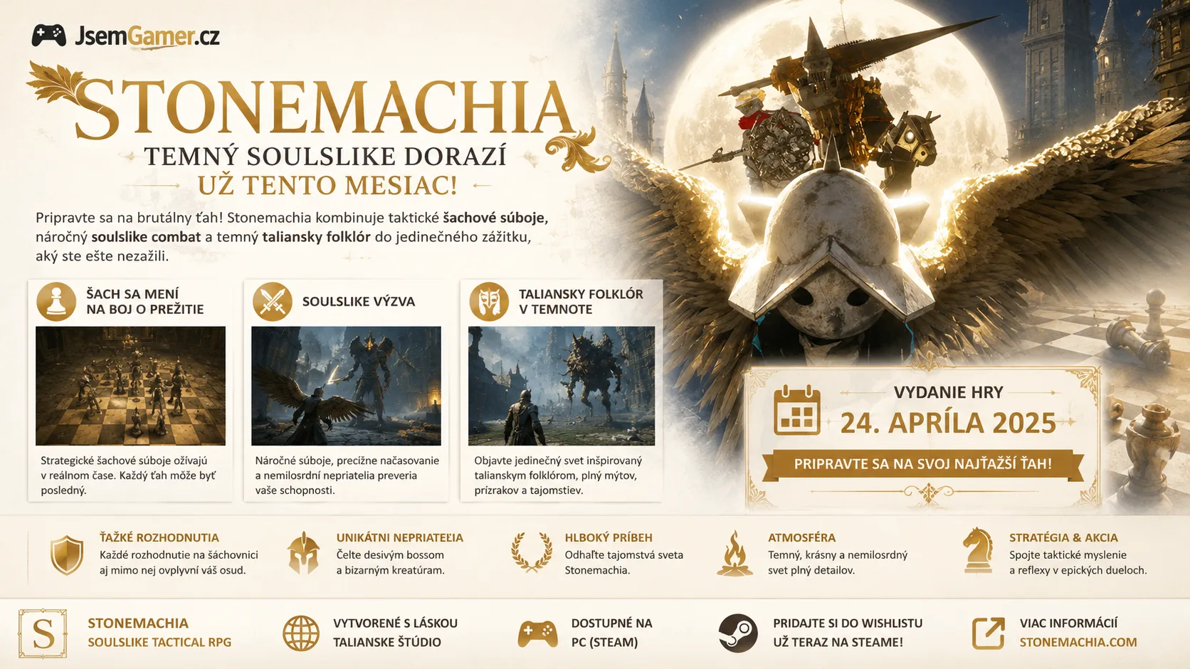 Temný Soulslike Stonemachia dorazí už tento mesiac! Šachy, monštrá a taliansky folklór v jednej hre