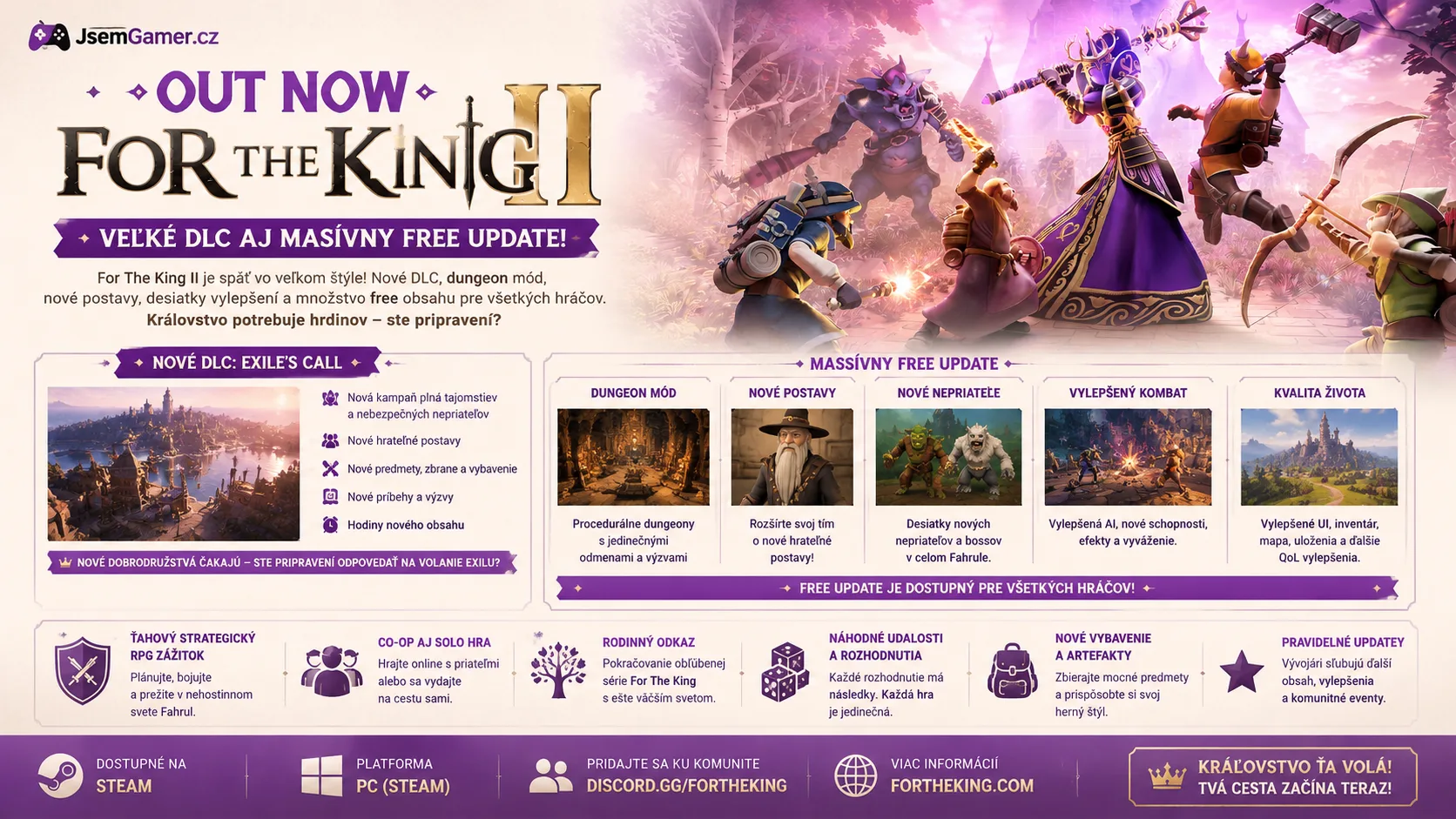 For The King II dostáva veľké DLC aj masívny free update! Hráči získajú nové postavy, dungeon mód aj desiatky noviniek