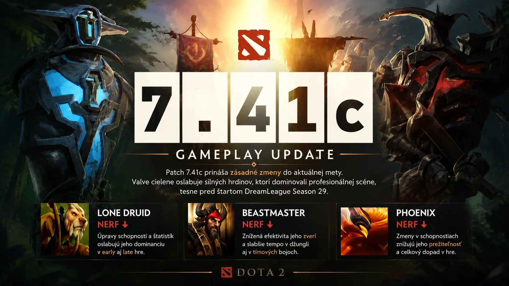 Dota 2: Patch 7.41c kompletne mení metu! Valve tvrdo nerfuje Lone Druida, Beastmastera aj Phoenixa tesne pred DreamLeague 29