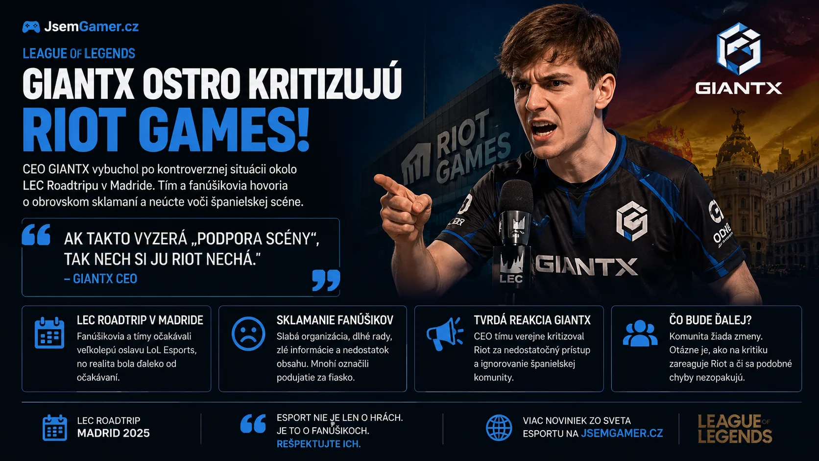 League of Legends: GIANTX ostro kritizujú Riot Games! CEO vybuchol po kontroverzii okolo LEC Roadtripu v Madride