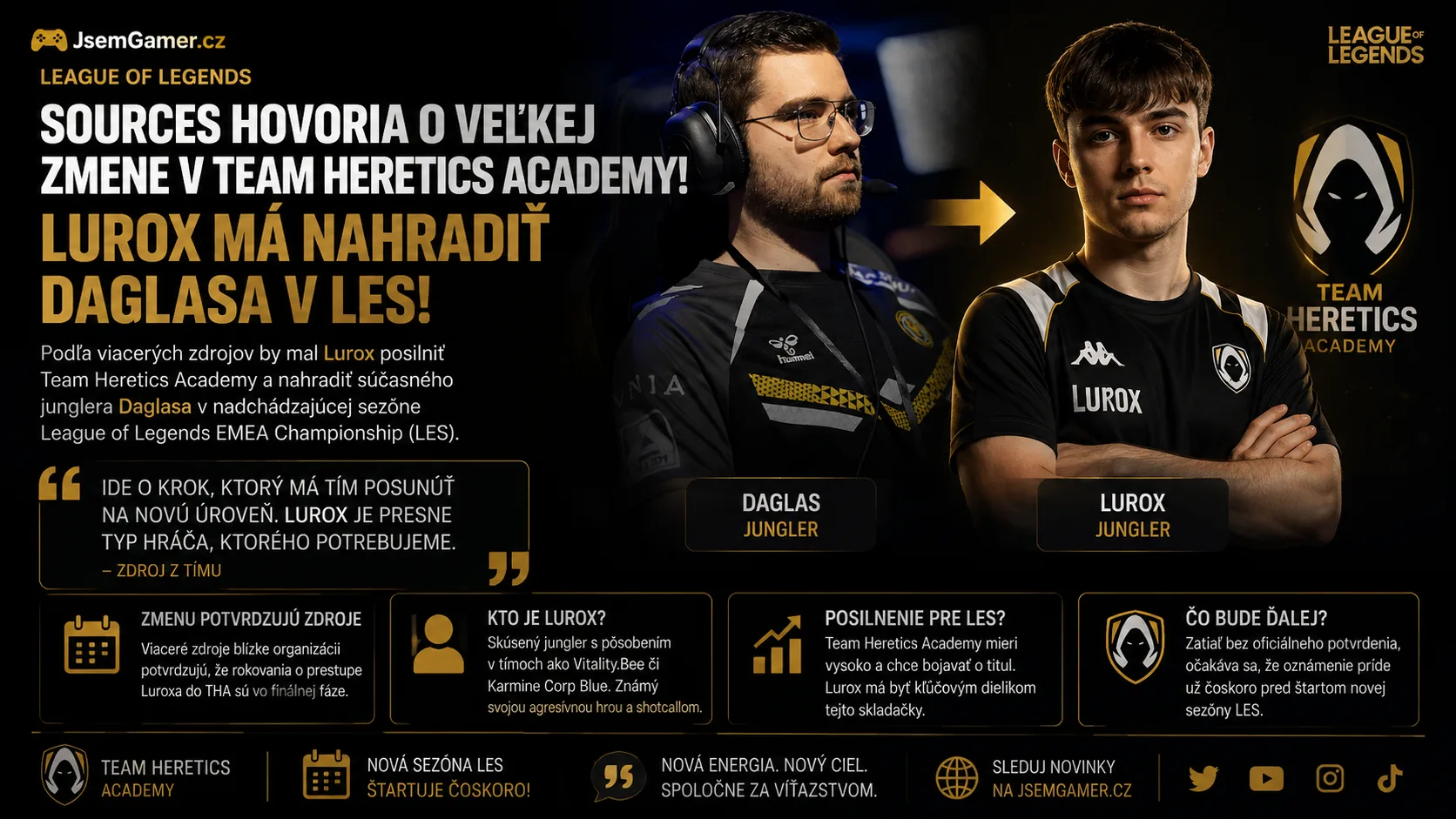 League of Legends: Sources hovoria o veľkej zmene v Team Heretics Academy! Lurox má nahradiť Daglasa v LES
