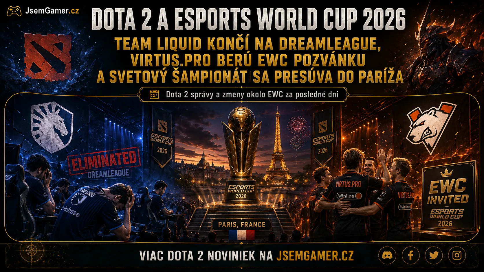 Dota 2 a Esports World Cup 2026: Team Liquid končí na DreamLeague, Virtus.pro berú EWC pozvánku a svetový šampionát sa presúva do Paríža