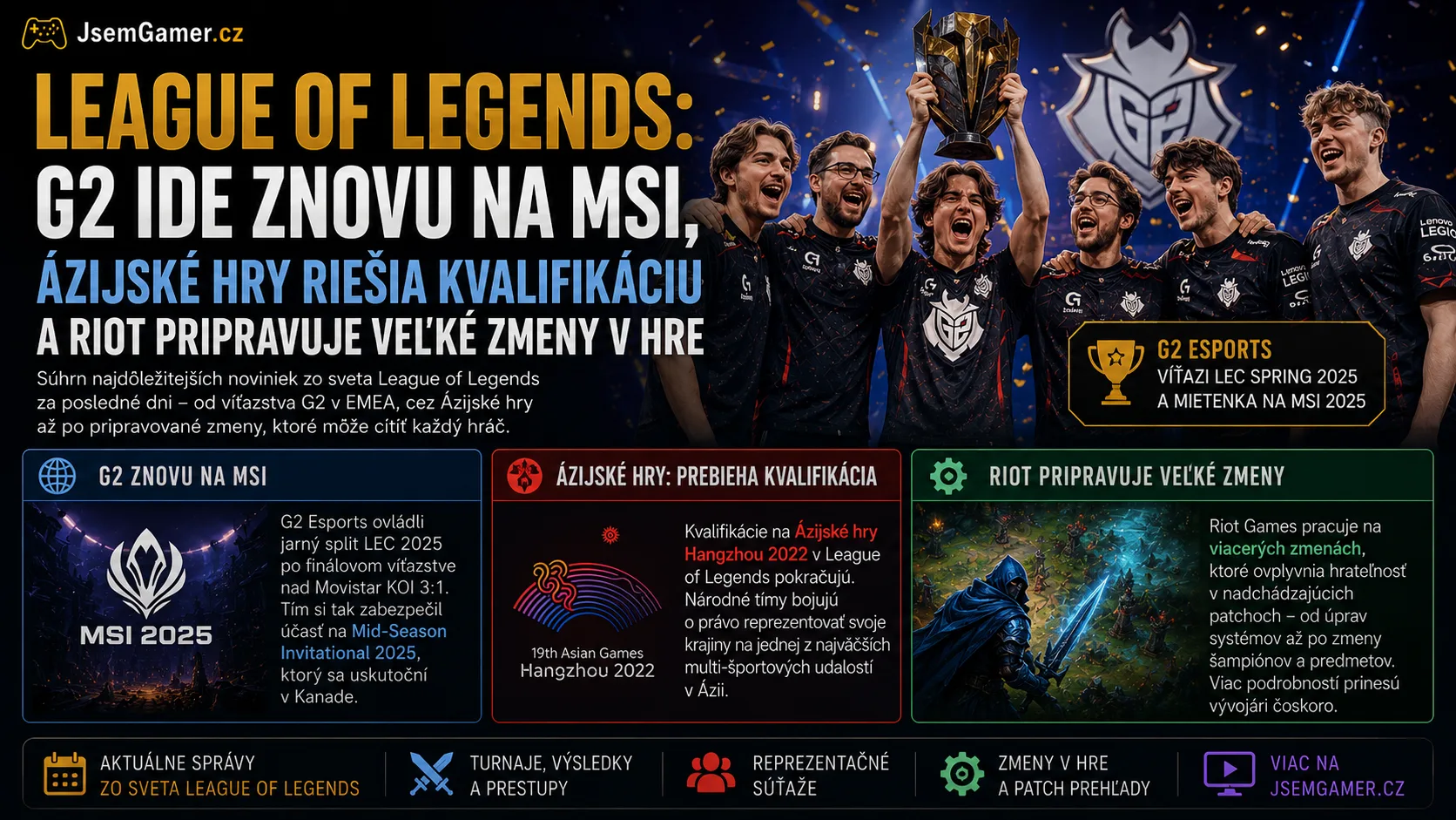 League of Legends: G2 ide znovu na MSI, Ázijské hry riešia kvalifikáciu a Riot pripravuje veľké zmeny v hre
