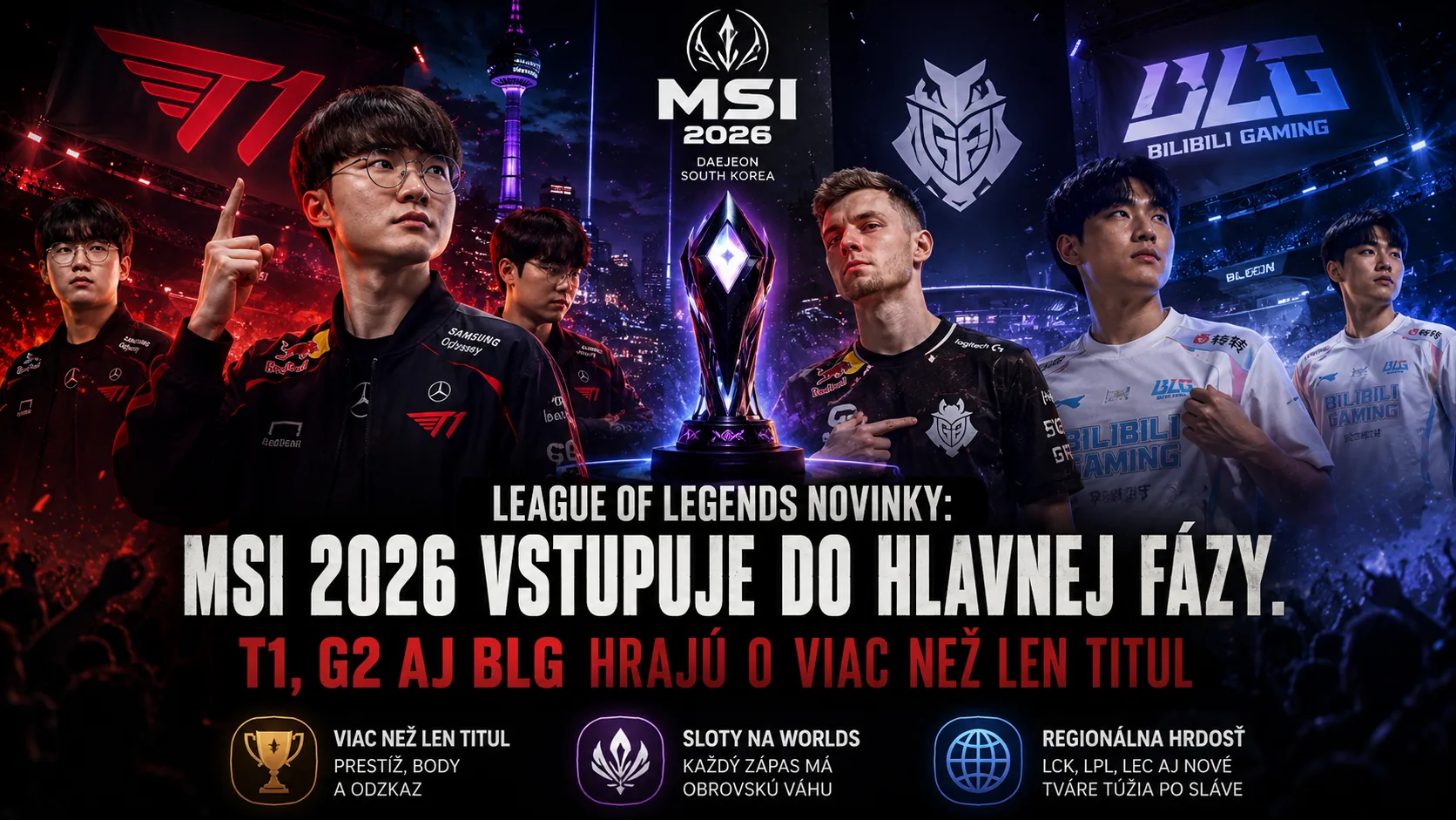 League of Legends novinky: MSI 2026 vstupuje do hlavnej fázy. T1, G2 aj BLG hrajú o viac než len titul