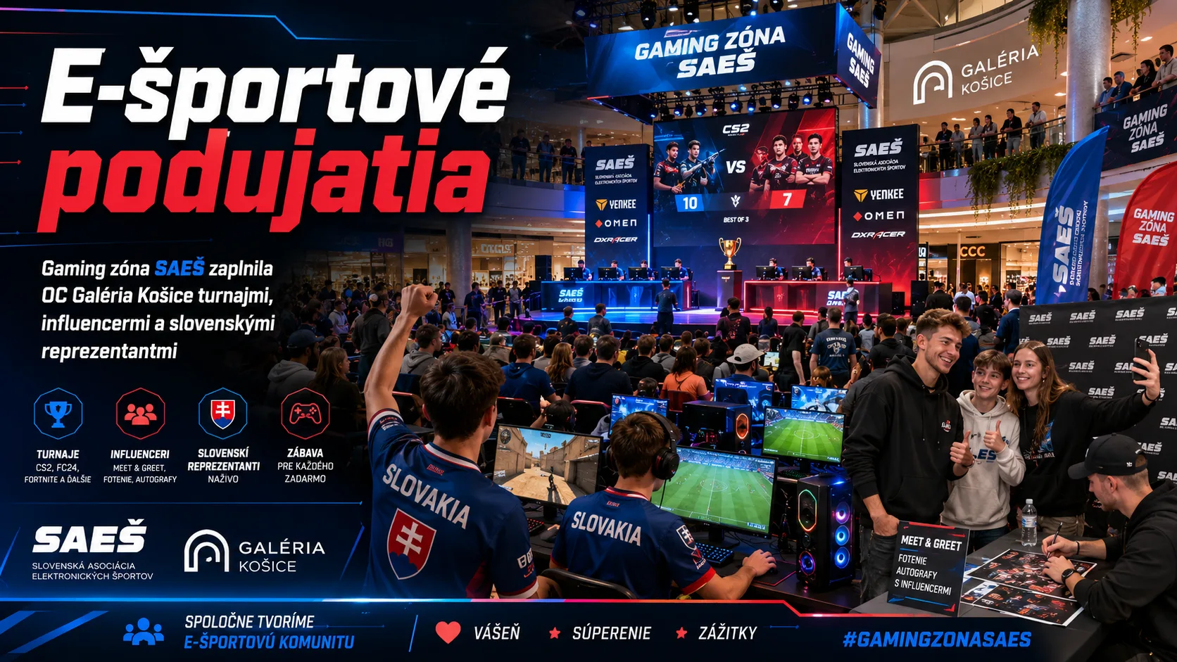 E-športové podujatia: Gaming zóna SAEŠ zaplnila OC Galéria Košice turnajmi, influencermi a slovenskými reprezentantmi