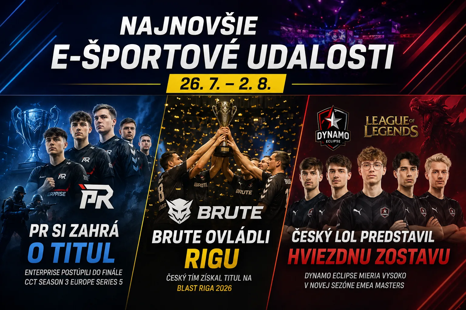 Najnovšie e-športové udalosti 26. 7. – 2. 8.: PR si zahrá o titul, BRUTE ovládli Rigu a český LoL predstavil hviezdnu zostavu