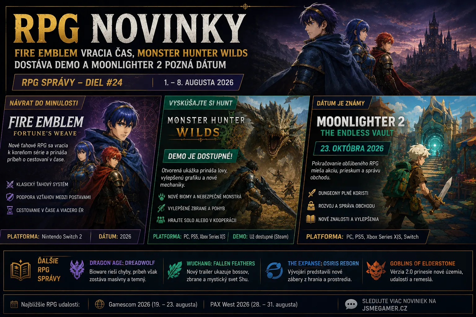 RPG novinky: Fire Emblem vracia čas, Monster Hunter Wilds dostáva demo a Moonlighter 2 pozná dátum
