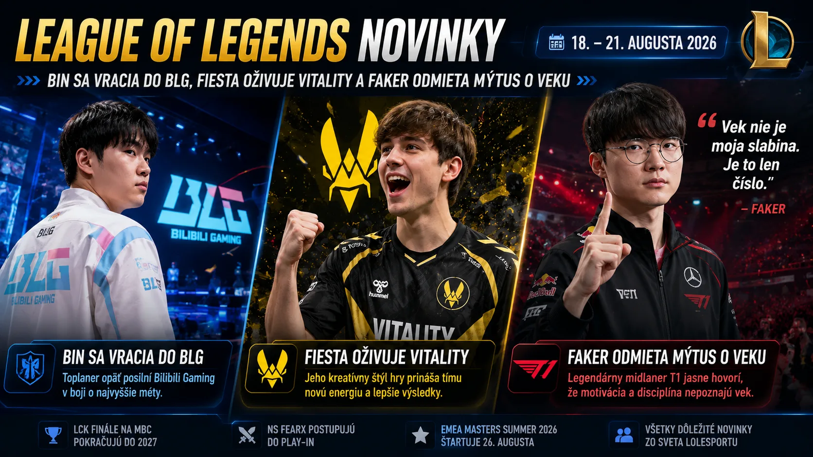 League of Legends novinky: Bin sa vracia do BLG, FIESTA oživuje Vitality a Faker odmieta mýtus o veku