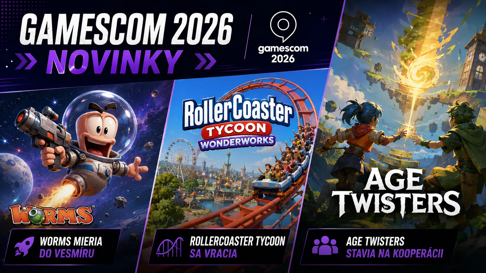 Gamescom 2026 pre-show priniesol Worms: Galactic Tactics, nový RollerCoaster Tycoon aj Age Twisters