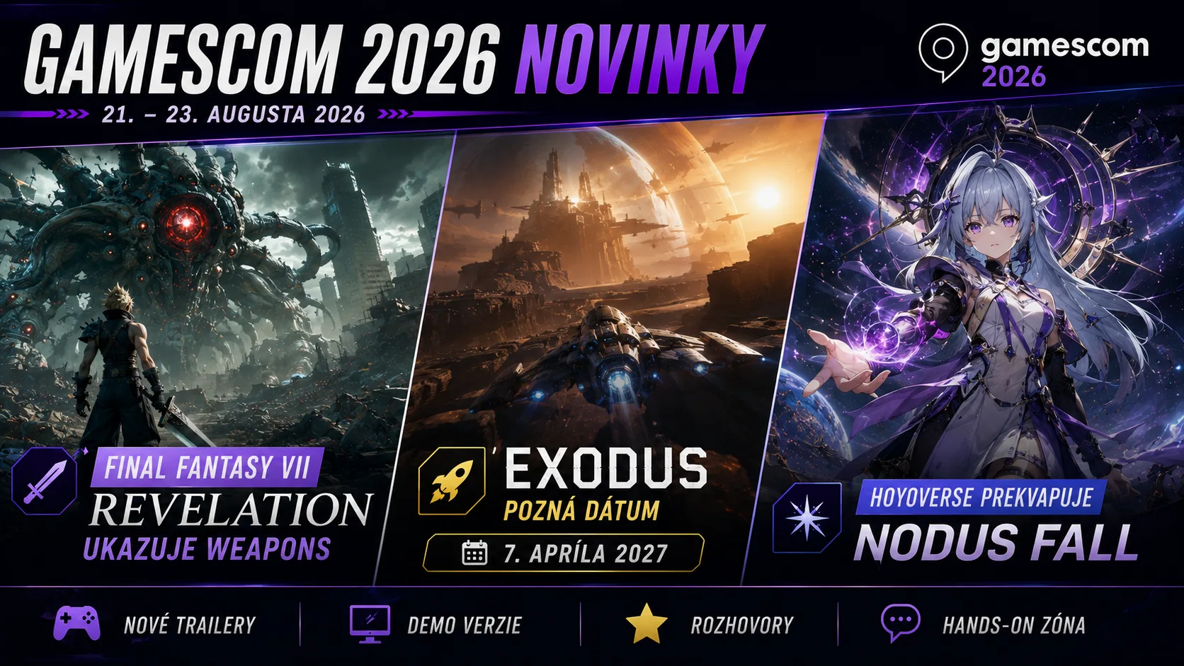 Gamescom 2026 novinky: Final Fantasy VII Revelation ukazuje Weapons, EXODUS pozná dátum a HoYoverse prekvapuje Nodus Fall