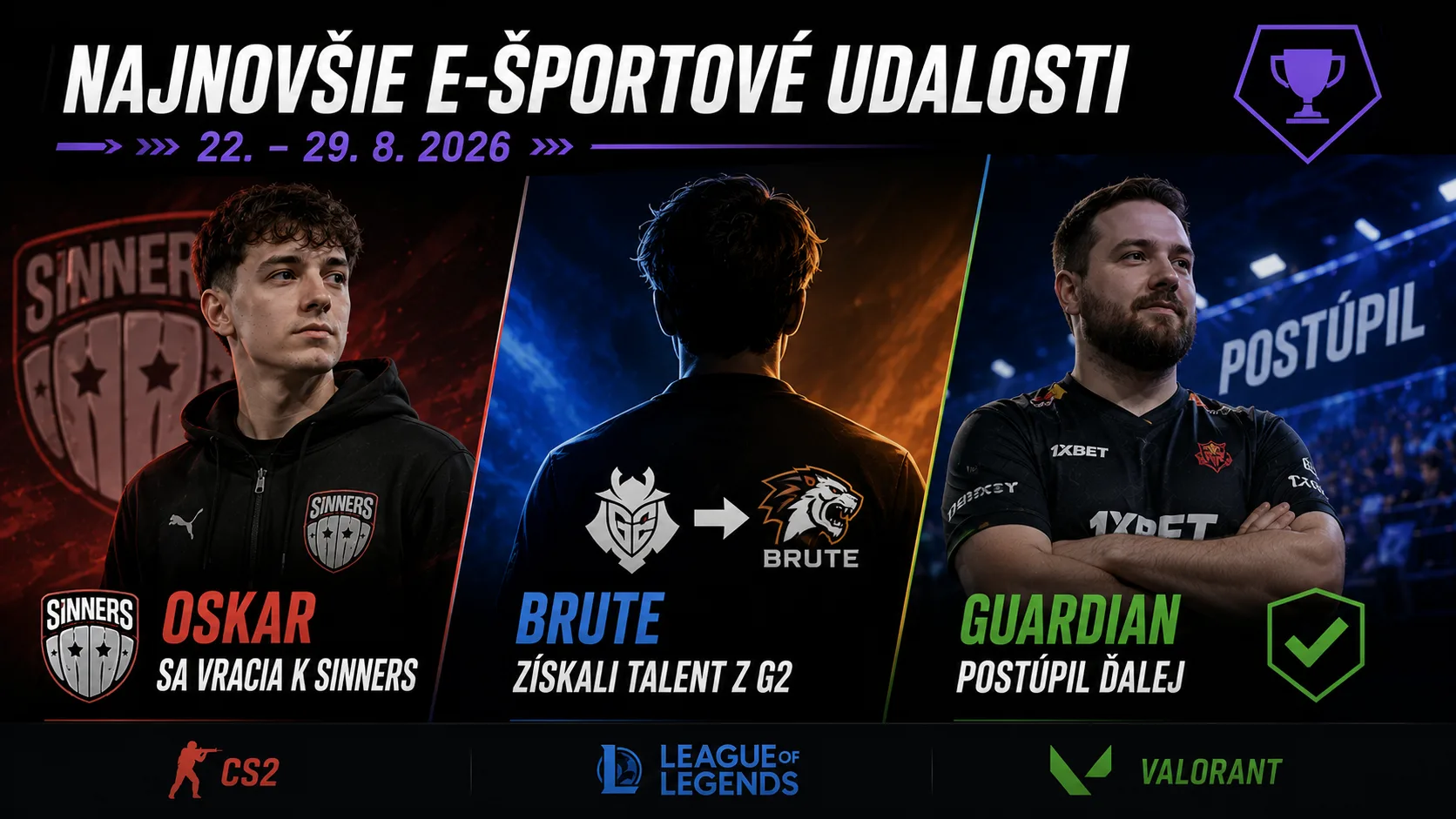 Najnovšie e-športové udalosti 22. – 29. 8.: oskar sa vracia k SINNERS, BRUTE získali talent z G2 a GuardiaN postúpil